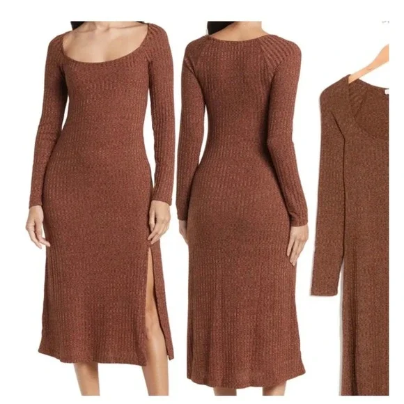 ASTR the Label Rust Brown Ribbed Knit Square Neck Side Slit Midi Dress Medium - Picture 1 of 5